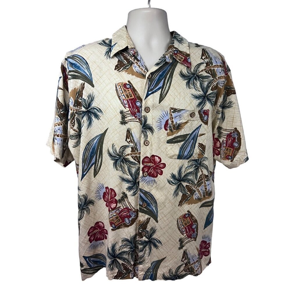Mens Vintage Hawaiian Floral Button Up Shirt Large Pocket Classic Woody Cars - Picture 1 of 9